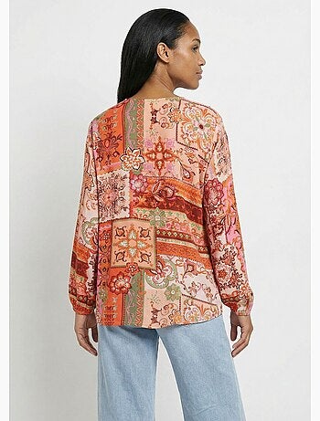 Túnica larga con escote en pico y voile estampado patchwork - Afibel