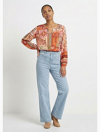 Túnica larga con escote en pico y voile estampado patchwork - Afibel