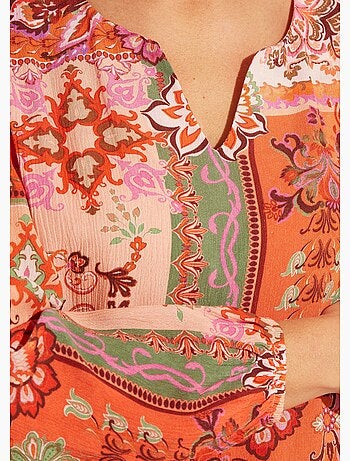 Túnica larga con escote en pico y voile estampado patchwork - Afibel