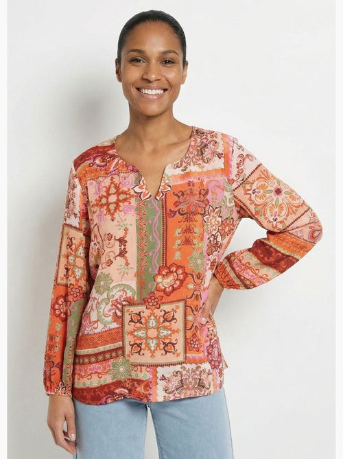 Túnica larga con escote en pico y voile estampado patchwork - Afibel - Kiabi Túnica larga con escote en pico y voile estampado patchwork - Afibel - Kiabi