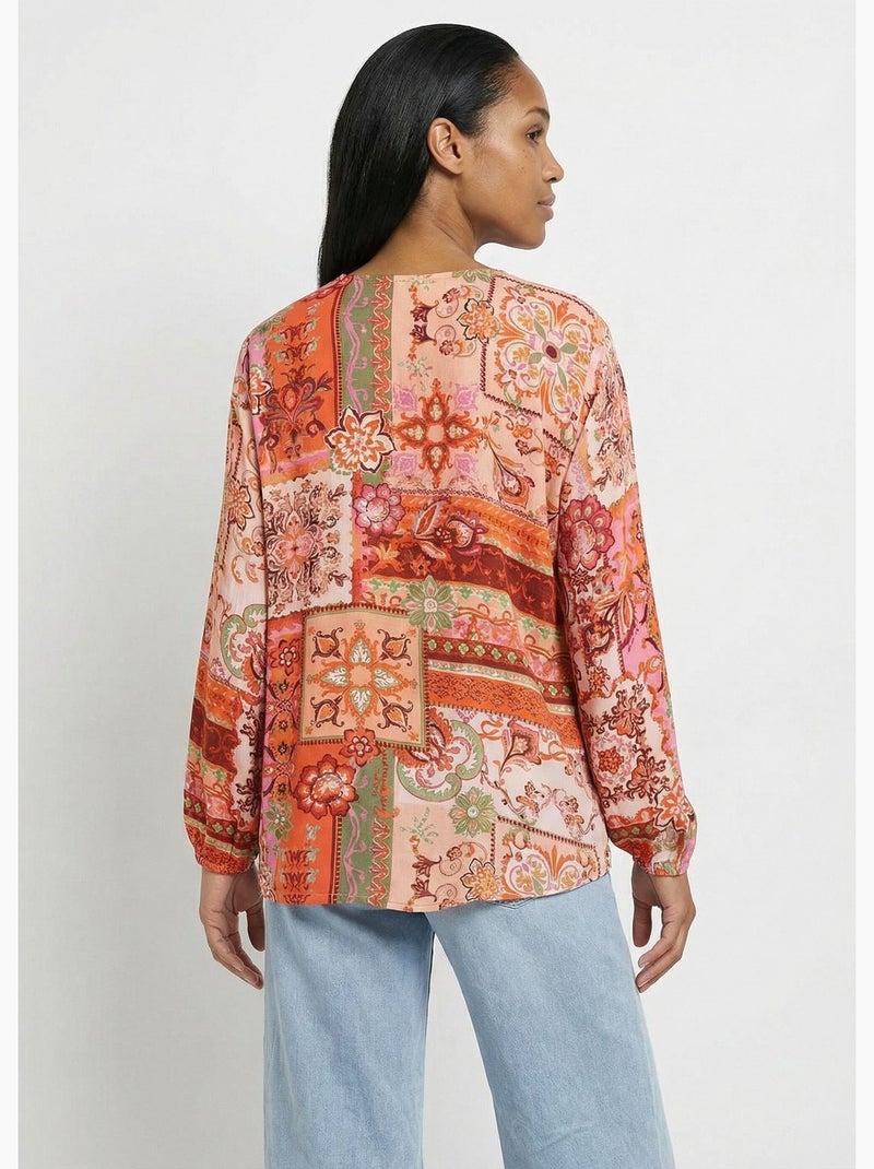 Túnica larga con escote en pico y voile estampado patchwork - Afibel Naranja - Kiabi