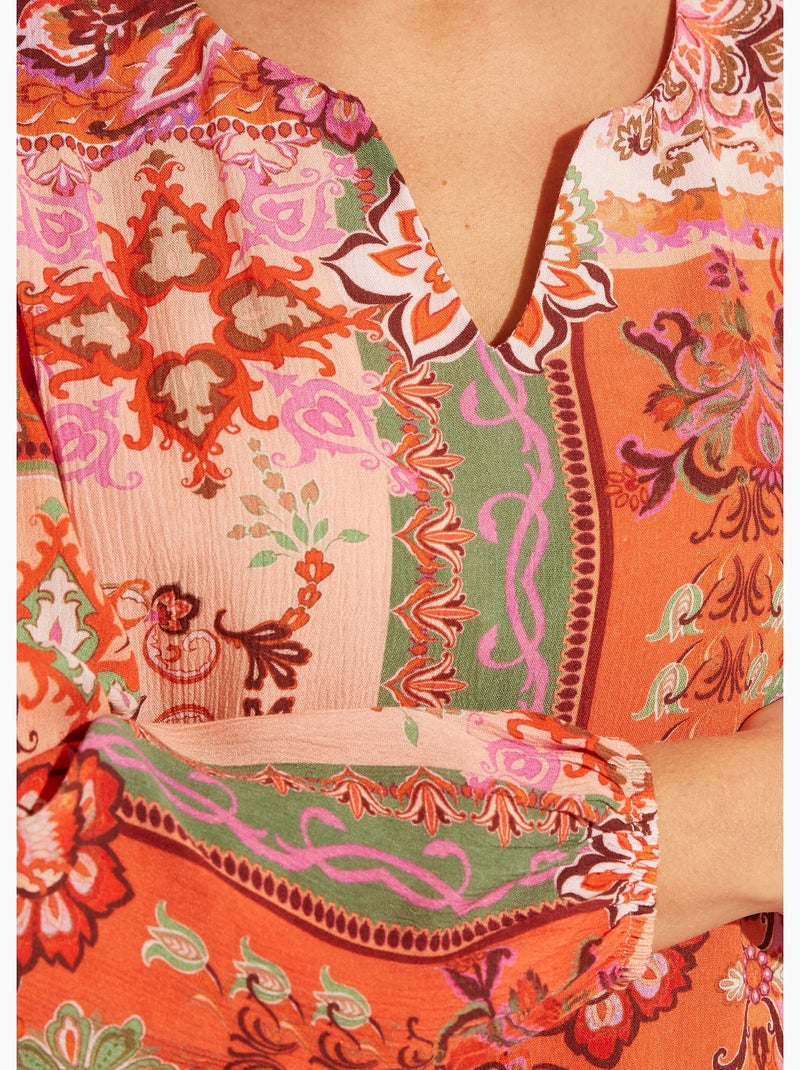 Túnica larga con escote en pico y voile estampado patchwork - Afibel Naranja - Kiabi