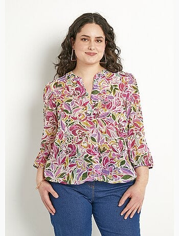 Túnica larga con escote en pico y voile floral brillante. - Afibel