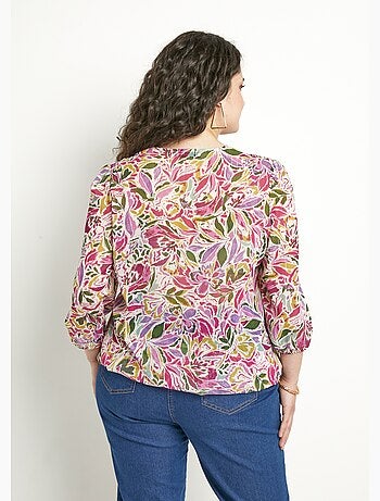 Túnica larga con escote en pico y voile floral brillante. - Afibel