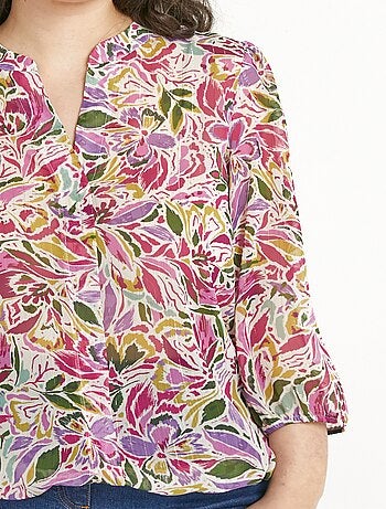 Túnica larga con escote en pico y voile floral brillante. - Afibel