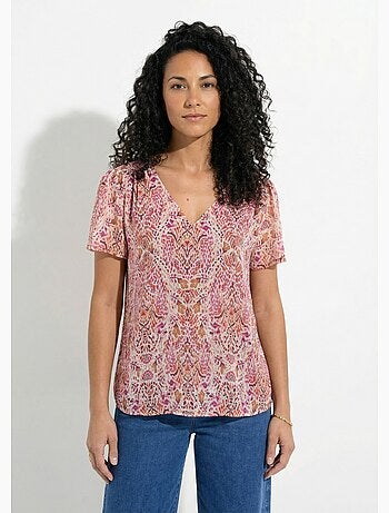 Túnica larga con escote en V en voile estampado.