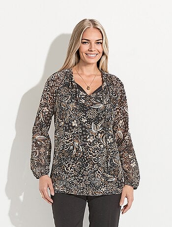 Túnica larga con velo floral brillante y cuello con volantes. - Afibel