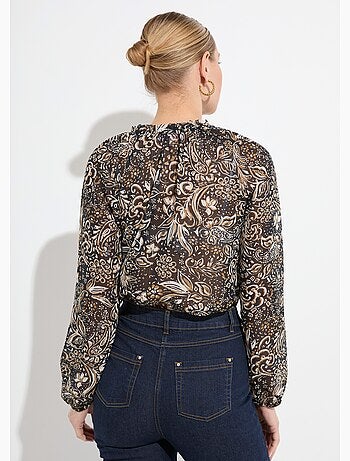 Túnica larga con velo floral brillante y cuello con volantes. - Afibel