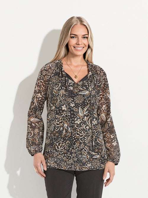 Túnica larga con velo floral brillante y cuello con volantes. - Afibel - Kiabi Túnica larga con velo floral brillante y cuello con volantes. - Afibel - Kiabi