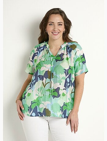 Túnica larga de velo floral con escote en pico con volantes - Afibel