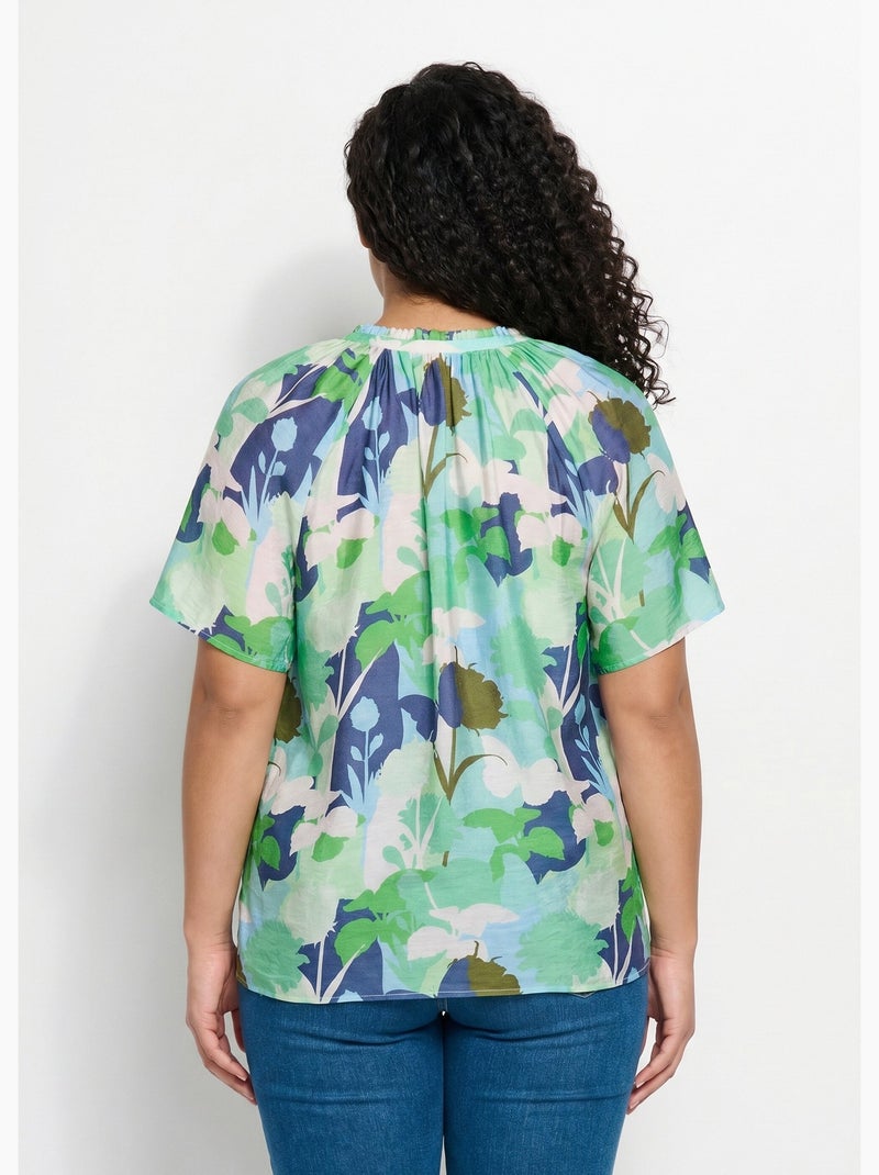 Túnica larga de velo floral con escote en pico con volantes - Afibel Azul Verde - Kiabi