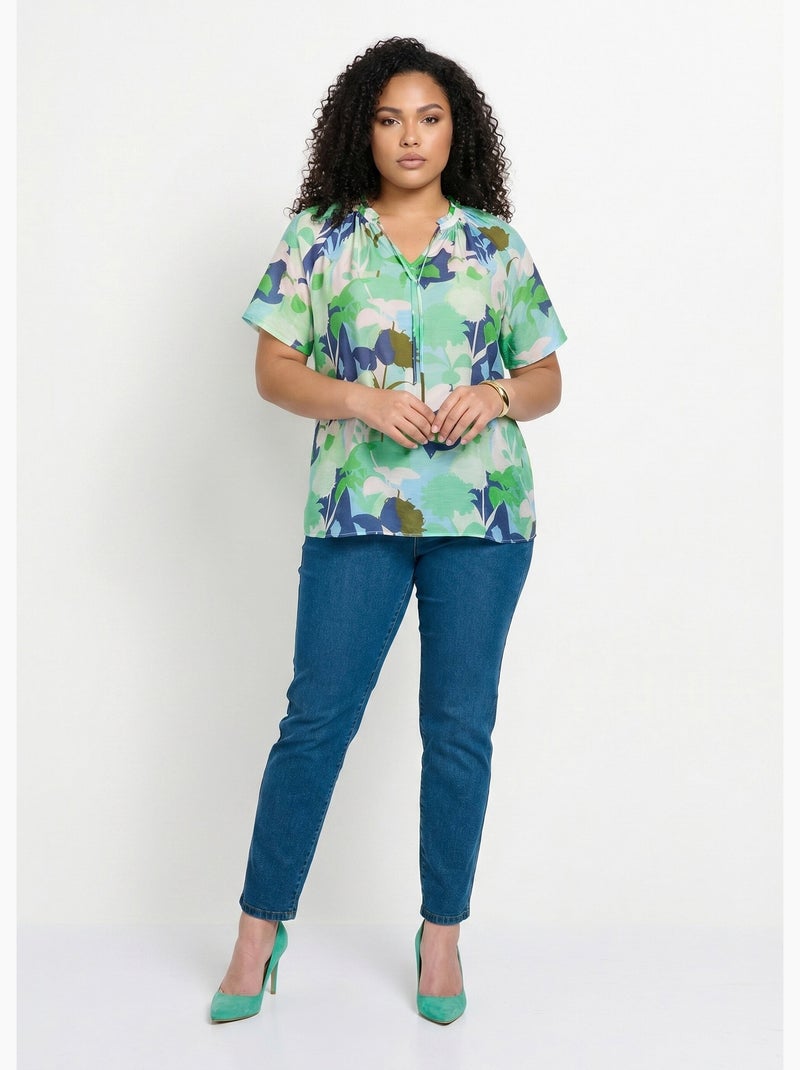Túnica larga de velo floral con escote en pico con volantes - Afibel Azul Verde - Kiabi