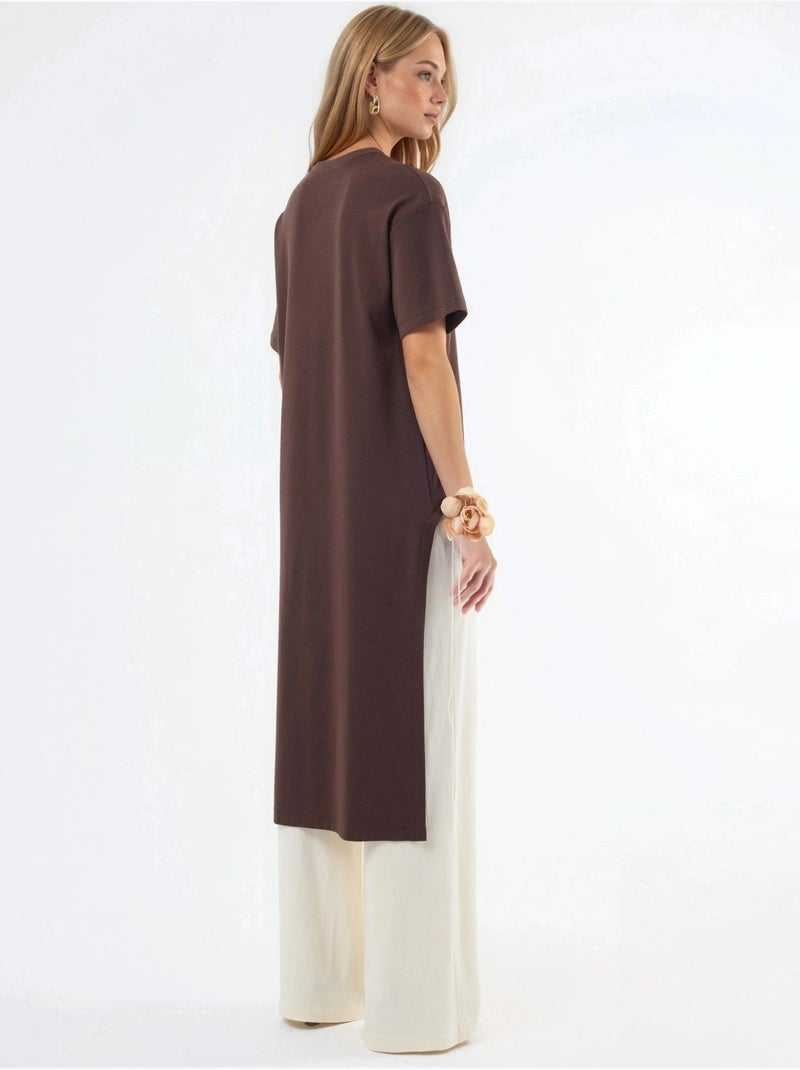 Túnica oversize con cuello redondo y abertura busem Marrón - Kiabi