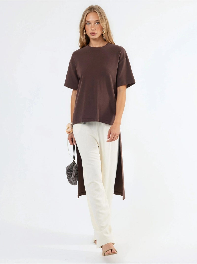 Túnica oversize con cuello redondo y abertura busem Marrón - Kiabi