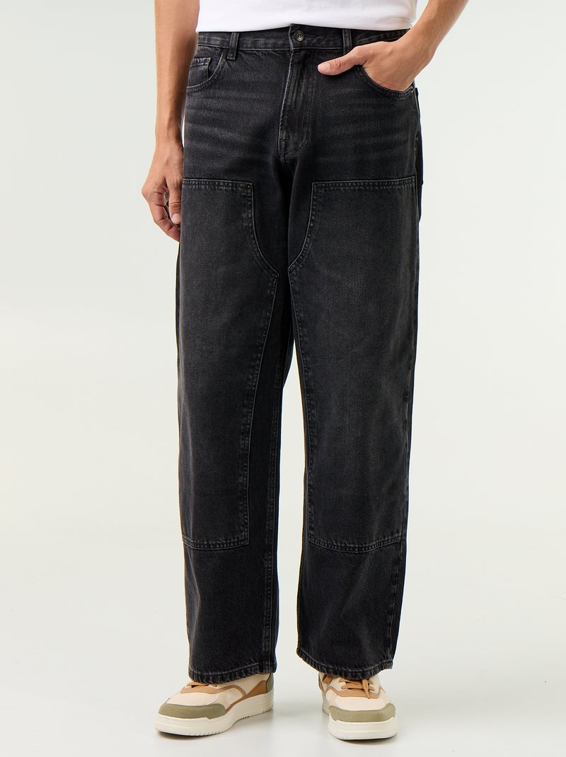 Vaquero baggy liso con apliques de fantasía Negro - Kiabi