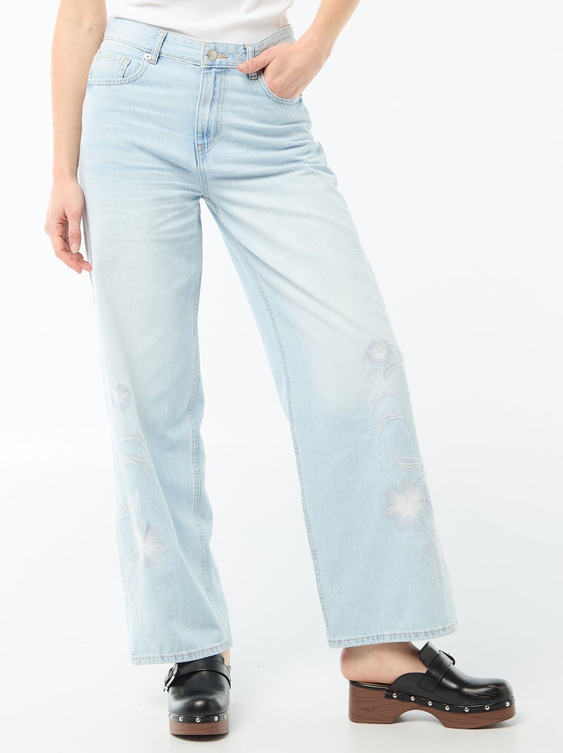 Vaquero denim de pierna ancha con bordados Azul - Kiabi