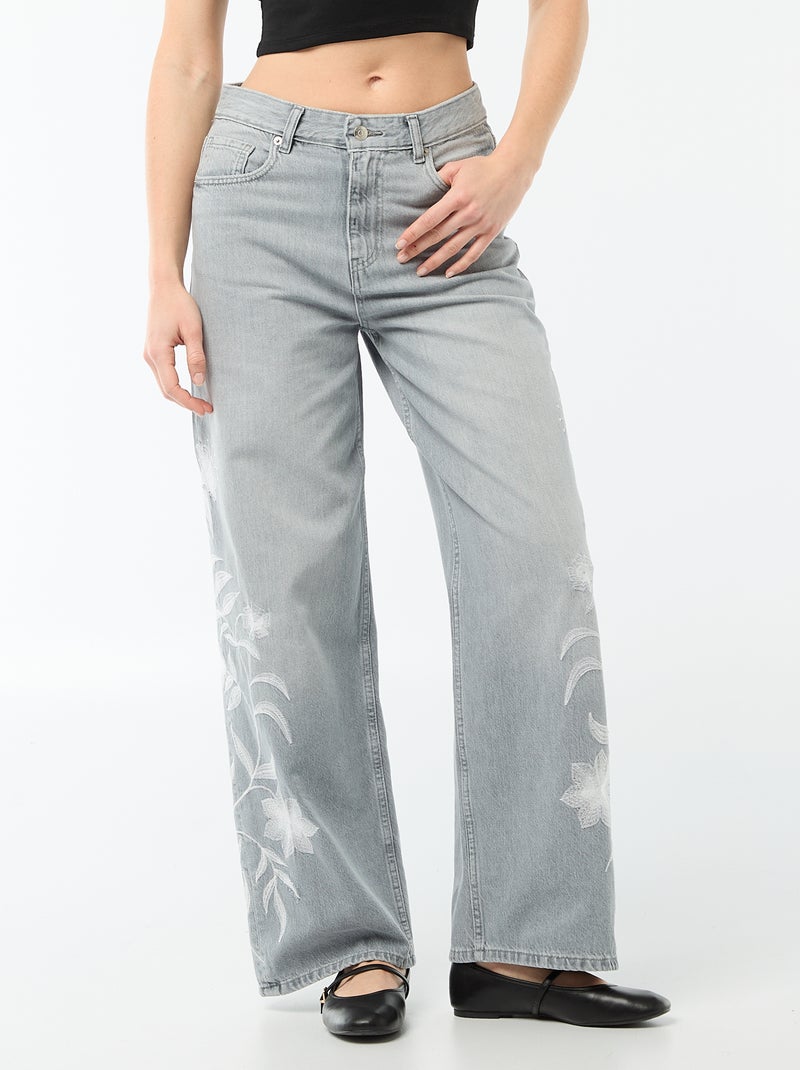 Vaquero denim de pierna ancha con bordados Gris - Kiabi
