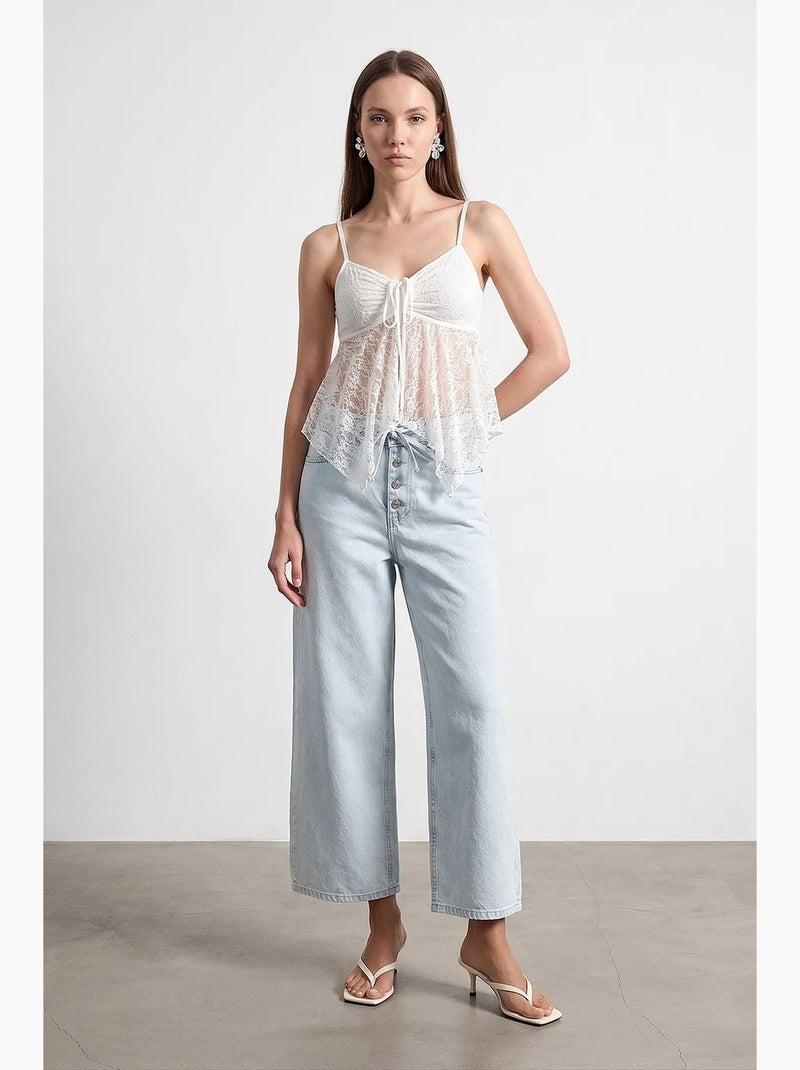 Vaqueros capri de mujer de pierna ancha y cintura alta con detalle de encaje dilvin Azul claro - Kiabi