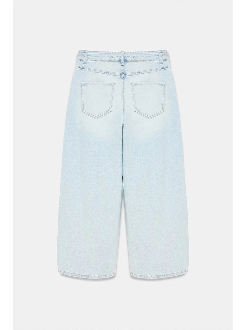 Vaqueros capri de mujer de pierna ancha y cintura alta con detalle de encaje dilvin Azul claro - Kiabi