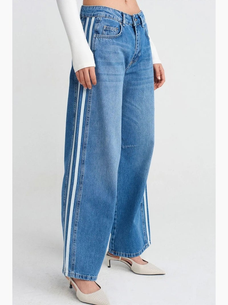 Vaqueros de denim a rayas de tiro alto y pernera ancha dilvin Azul zafiro - Kiabi