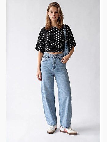 Vaqueros de denim de algodón de cintura alta y pernera ancha mixray