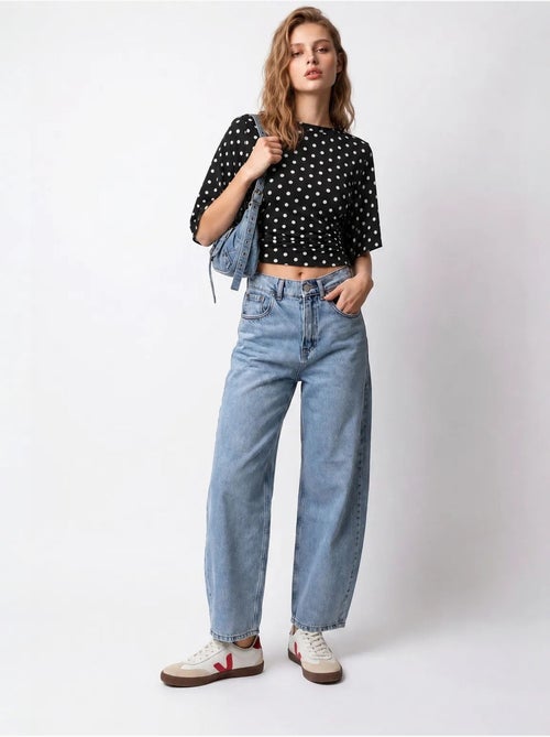 Vaqueros de denim de algodón de cintura alta y pernera ancha mixray - Kiabi Vaqueros de denim de algodón de cintura alta y pernera ancha mixray - Kiabi