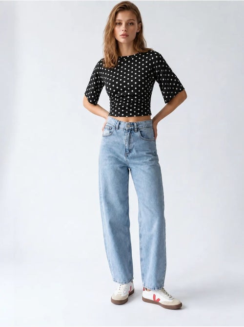 Vaqueros de denim de algodón de cintura alta y pernera ancha mixray - Kiabi Vaqueros de denim de algodón de cintura alta y pernera ancha mixray - Kiabi