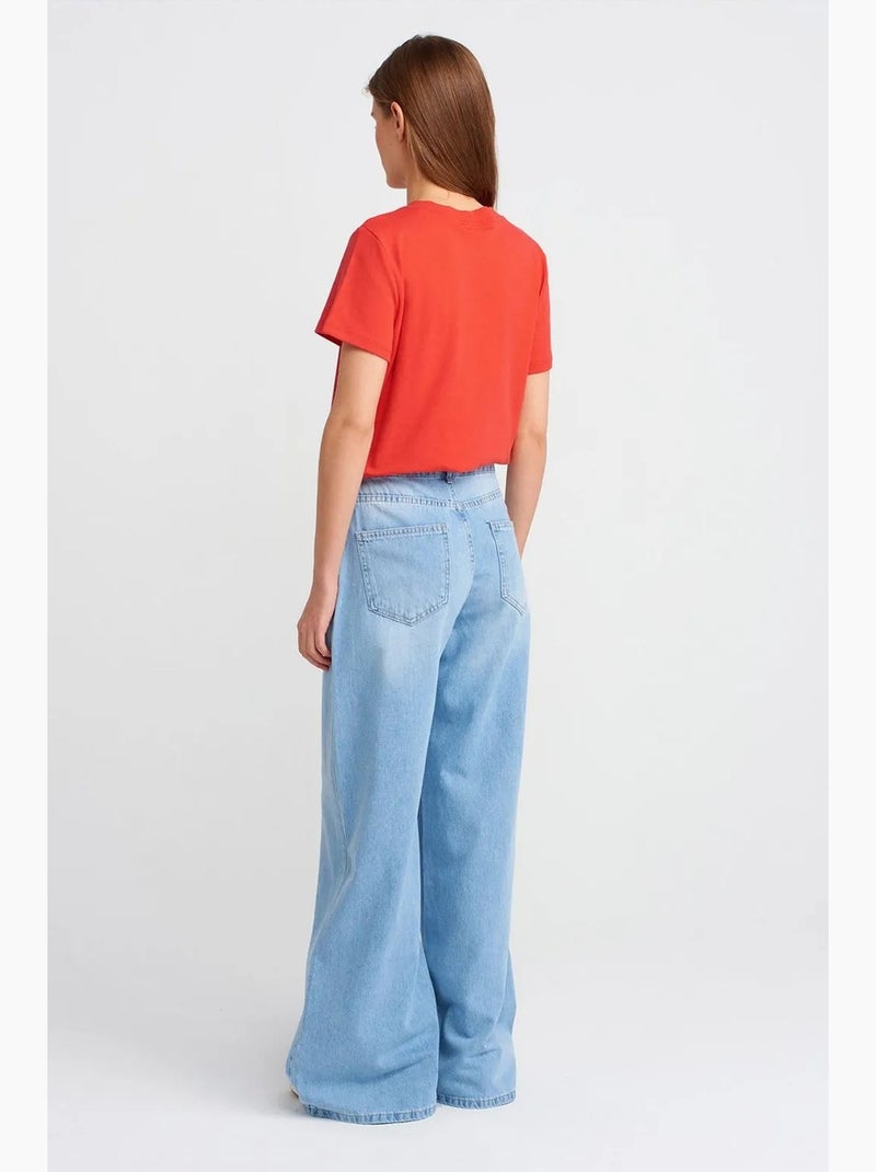 Vaqueros de denim de algodón de tiro alto y pernera ancha dilvin Azul claro - Kiabi