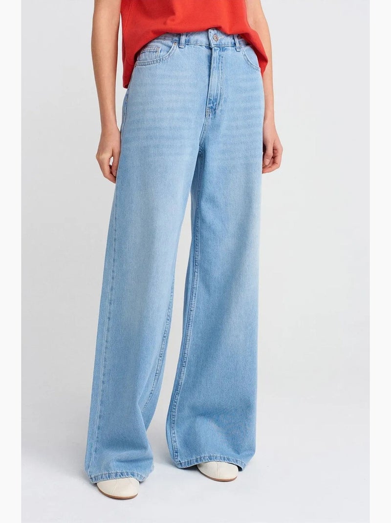 Vaqueros de denim de algodón de tiro alto y pernera ancha dilvin Azul claro - Kiabi