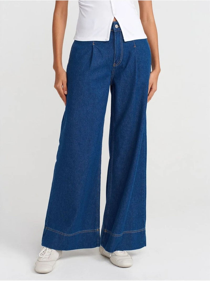 Vaqueros de denim de algodón de tiro alto y pernera ancha dilvin Azul zafiro - Kiabi