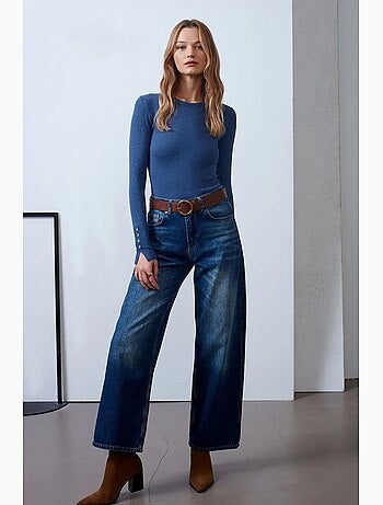Vaqueros de denim de algodón de tiro alto y pernera ancha dilvin
