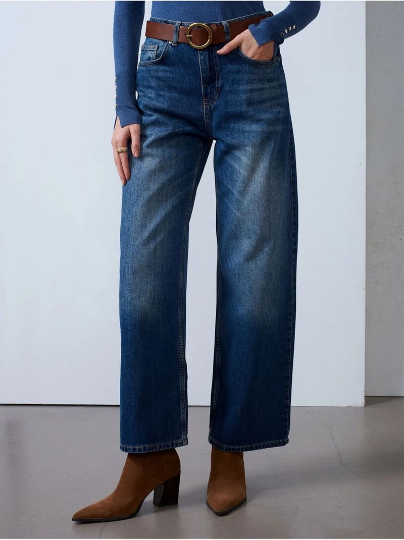 Vaqueros de denim de algodón de tiro alto y pernera ancha dilvin Azul zafiro - Kiabi