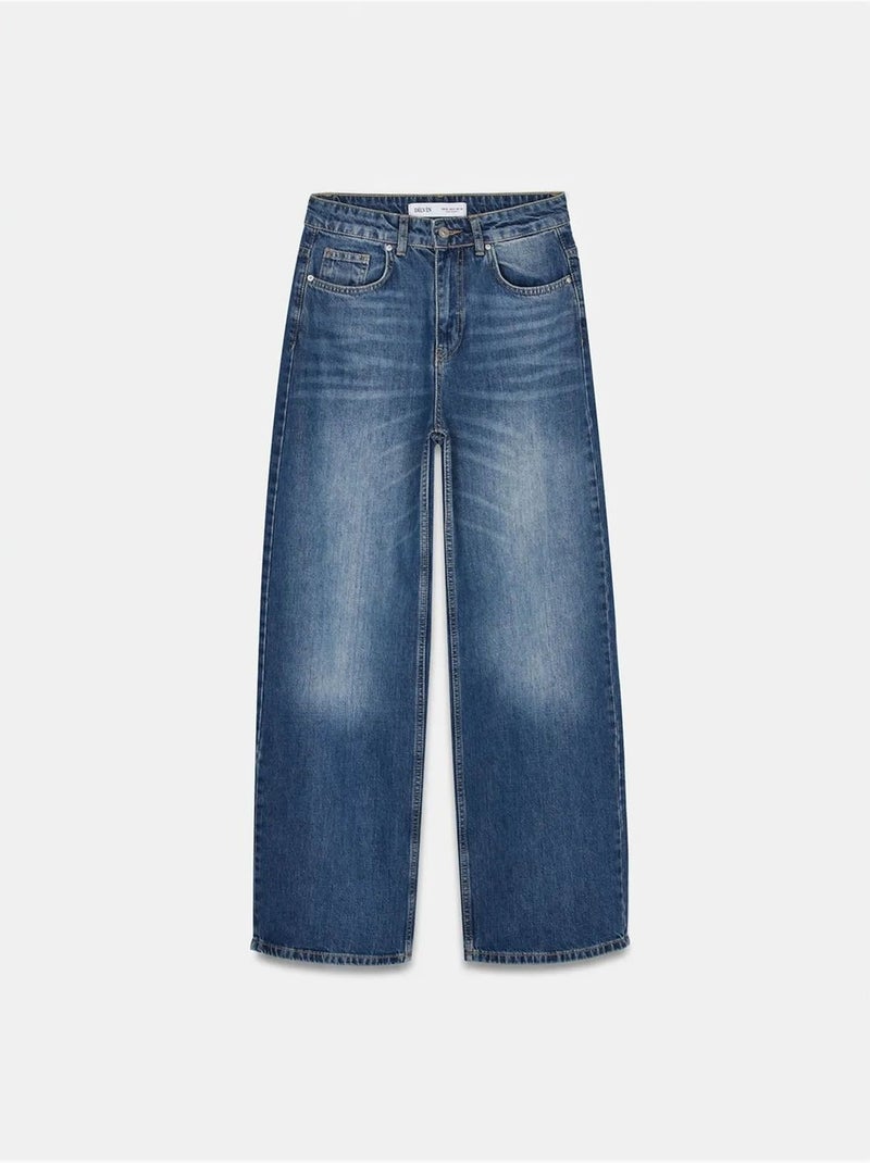 Vaqueros de denim de algodón de tiro alto y pernera ancha dilvin Azul zafiro - Kiabi
