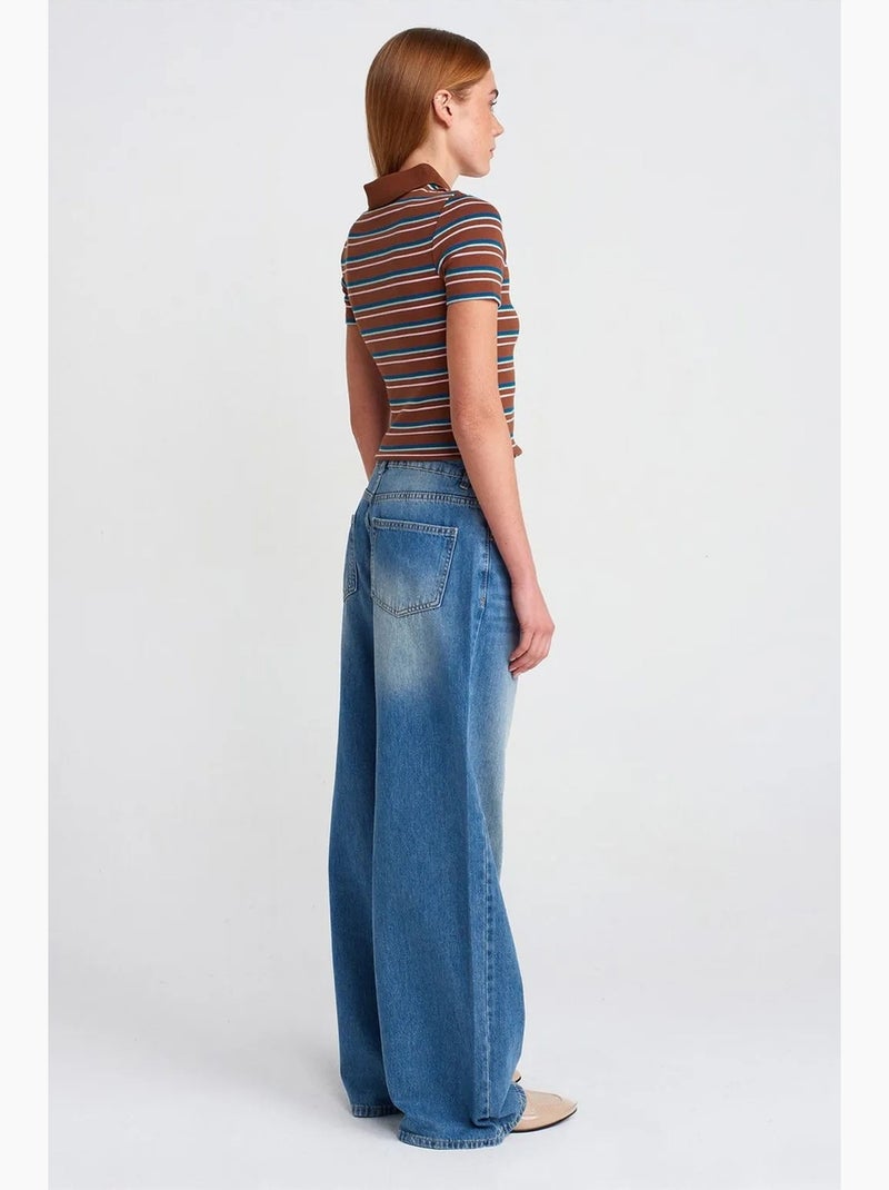 Vaqueros de denim de algodón de tiro alto y pernera ancha dilvin Azul zafiro - Kiabi
