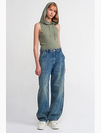 Vaqueros de denim de algodón de tiro alto y pernera ancha dilvin