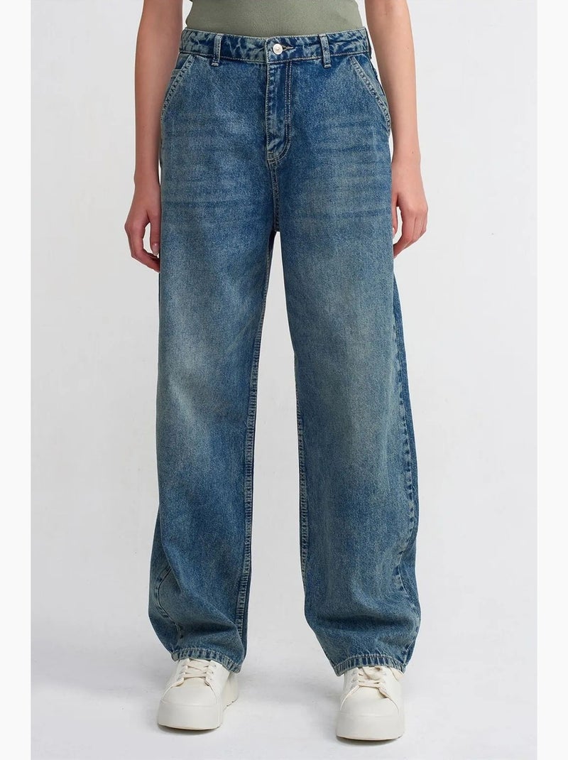 Vaqueros de denim de algodón de tiro alto y pernera ancha dilvin Azul zafiro - Kiabi
