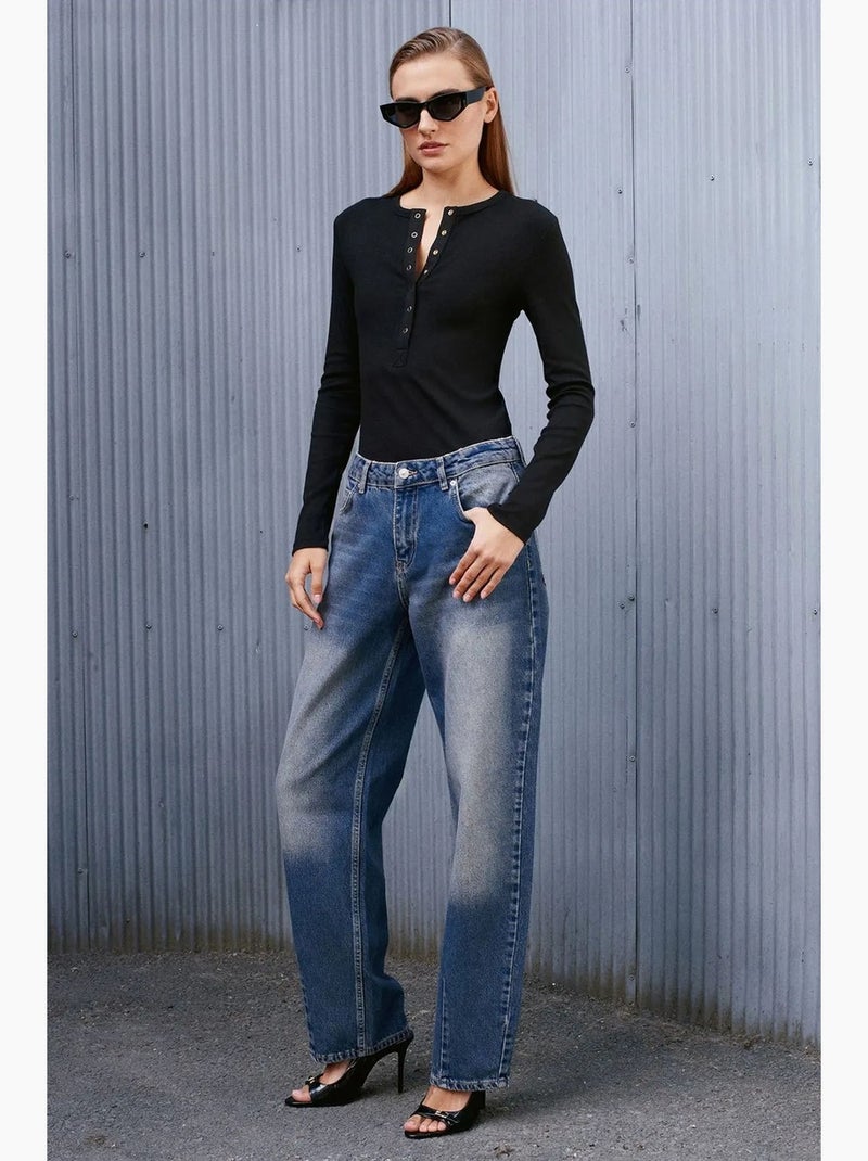 Vaqueros de denim de algodón de tiro alto y pernera ancha dilvin Azul zafiro - Kiabi