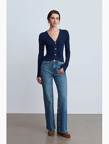 Vaqueros de denim de algodón de tiro alto y pernera ancha dilvin