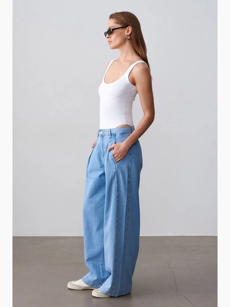 Vaqueros de denim de algodón de tiro alto y pernera ancha dilvin Azul zafiro - Kiabi