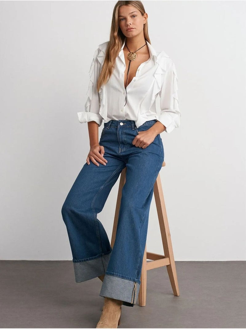Vaqueros de denim de algodón de tiro alto y pernera ancha dilvin Azul zafiro - Kiabi