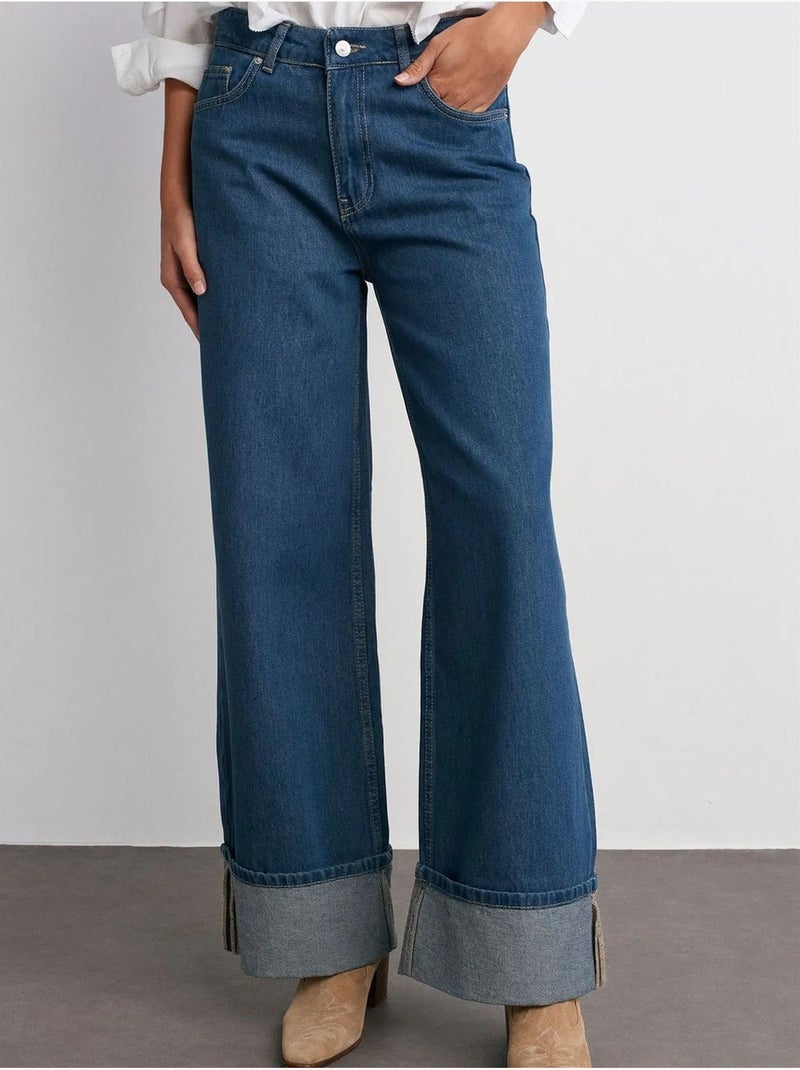 Vaqueros de denim de algodón de tiro alto y pernera ancha dilvin Azul zafiro - Kiabi