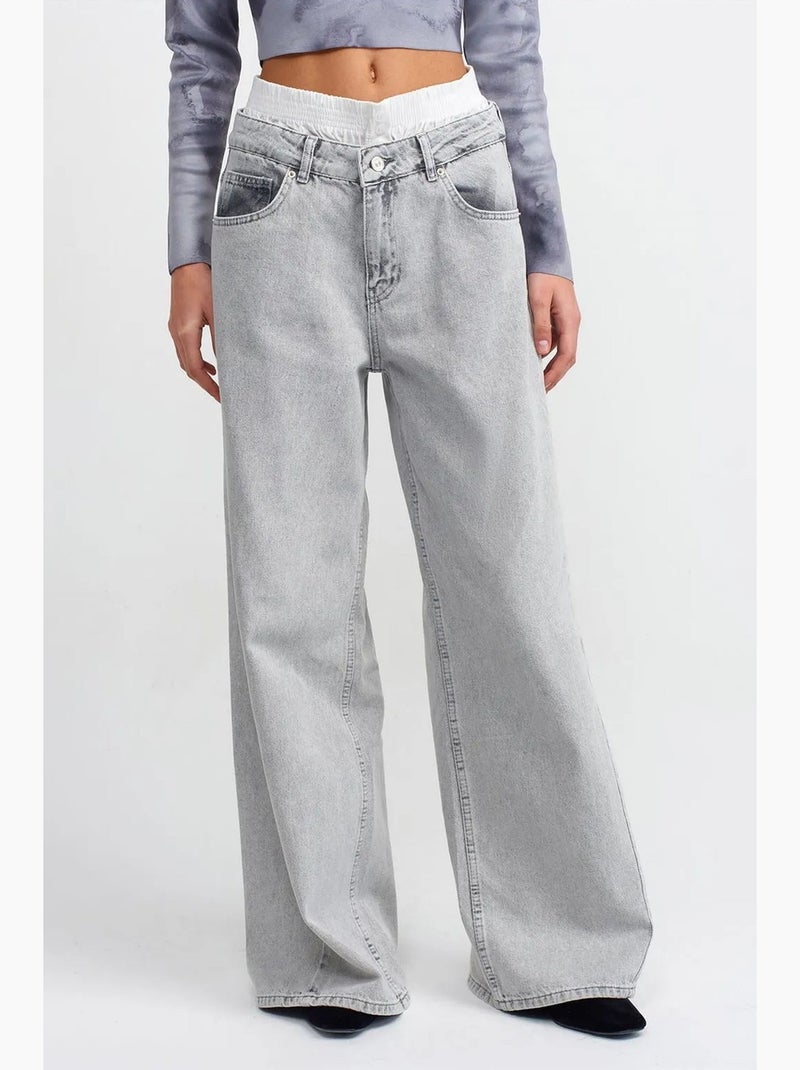 Vaqueros de denim de algodón de tiro alto y pernera ancha dilvin Gris claro - Kiabi