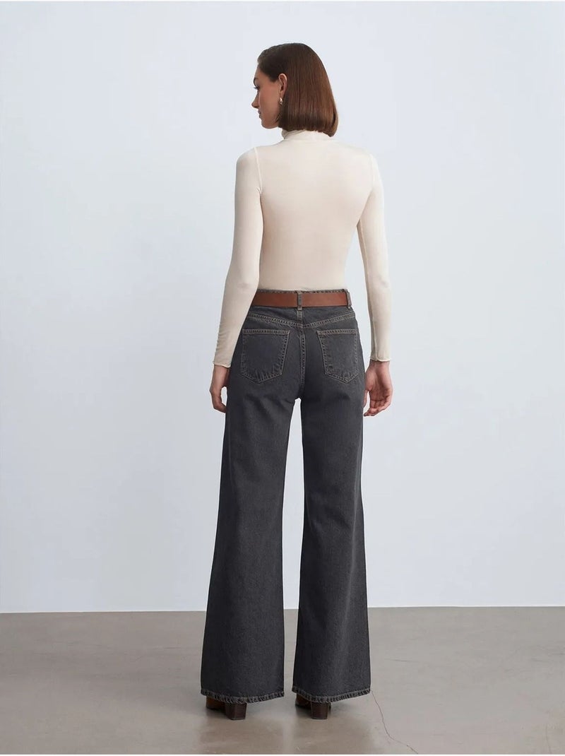 Vaqueros de denim de algodón de tiro alto y pernera ancha dilvin Gris negro - Kiabi