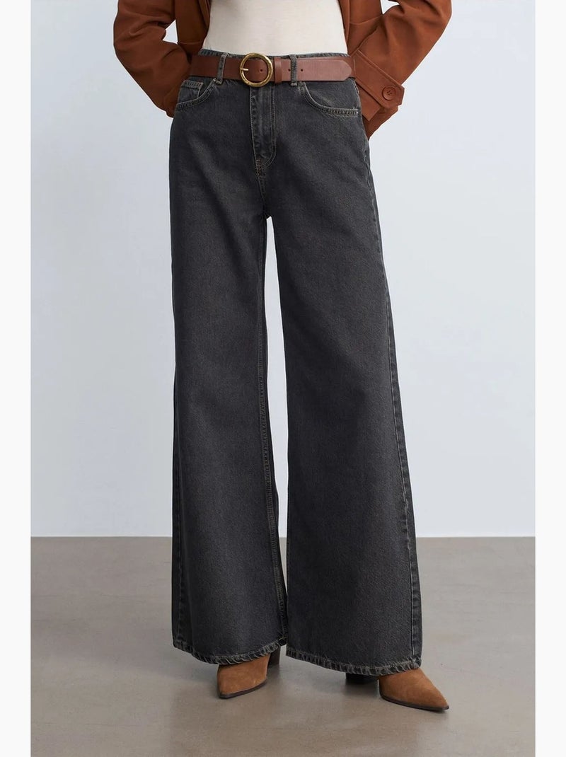 Vaqueros de denim de algodón de tiro alto y pernera ancha dilvin Gris negro - Kiabi