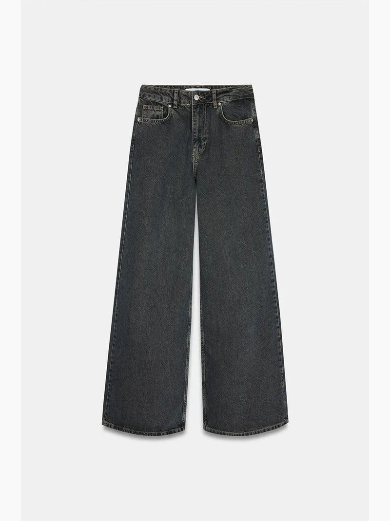 Vaqueros de denim de algodón de tiro alto y pernera ancha dilvin Gris negro - Kiabi