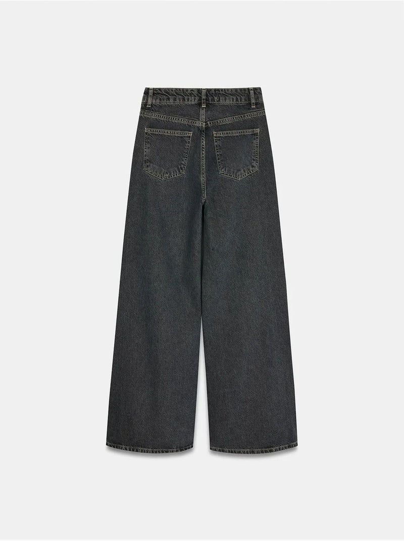 Vaqueros de denim de algodón de tiro alto y pernera ancha dilvin Gris negro - Kiabi