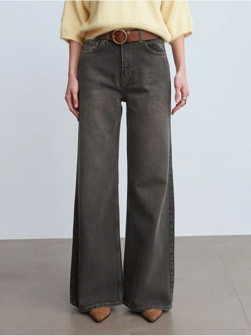 Vaqueros de denim de algodón de tiro alto y pernera ancha dilvin Gris oscuro - Kiabi