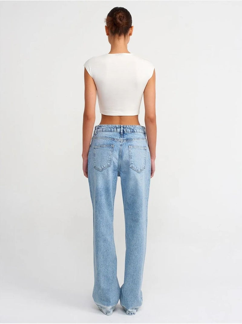 Vaqueros de denim de algodón de tiro alto y pierna recta dilvin Azul zafiro - Kiabi