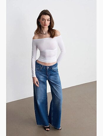 Vaqueros de denim de algodón de tiro bajo y pernera ancha dilvin