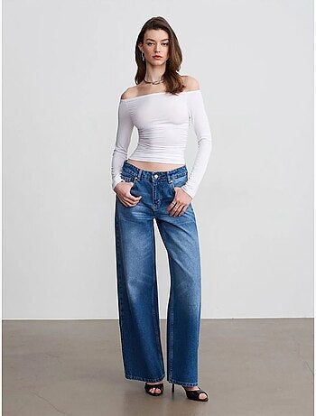 Vaqueros de denim de algodón de tiro bajo y pernera ancha dilvin